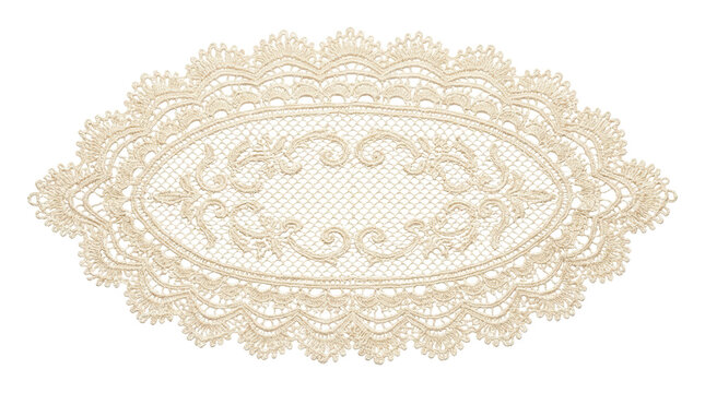 Elegant oval cream lace doily mat with intricate floral patterns on white background