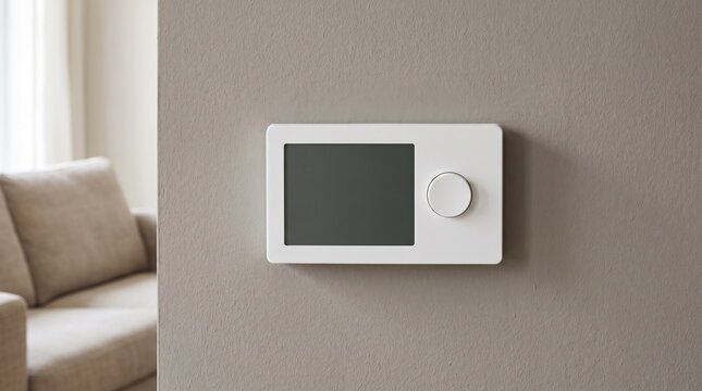 Modern smart home thermostat with digital display and control dial mounted on living room wall