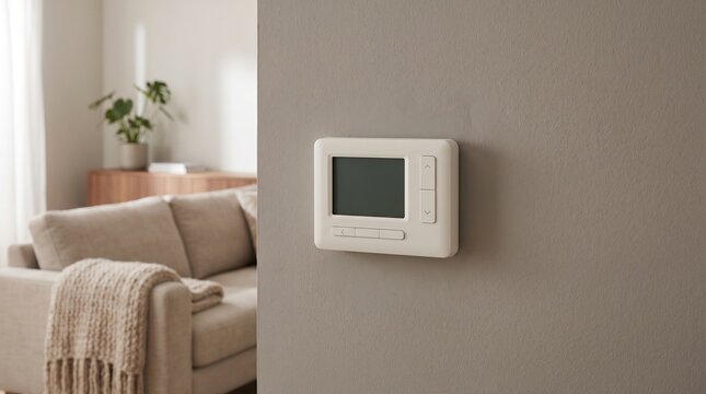 Smart home control panel mounted on a neutral wall in a modern living room interior