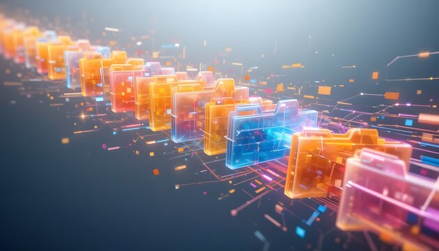 colorful luminous digital file folders lining up in a motion sequence 3d rendering