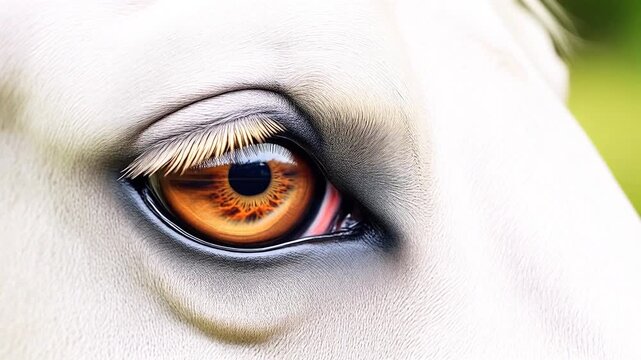 Extreme macro photorealistic footage of a real Lipizzaner horse's eye with a beautiful warm amber iris
