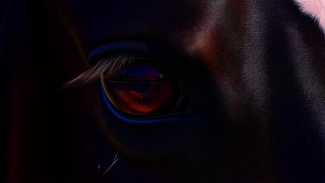 Extreme macro photorealistic footage of a real dark-bay horse's eye with a deep mahogany-brown iris

