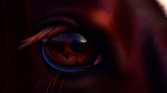 Extreme macro photorealistic footage of a real horse's eye featuring a rich chocolate-brown iris

