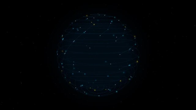 A glowing wireframe globe rotates against a dark background, featuring luminous node points and thin connecting lines creating a futuristic data network atmosphere.