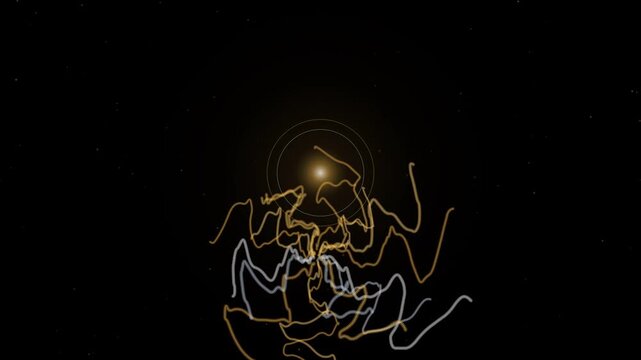 A dynamic digital animation features glowing gold and white particle swirls orbiting a central bright star, surrounded by thin concentric rings and floating particles against a deep space background.