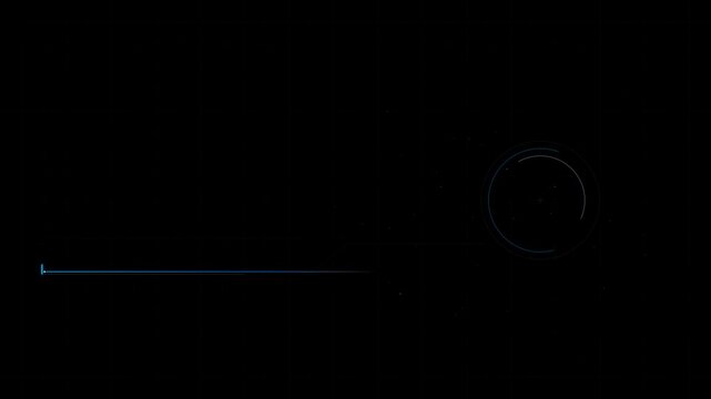 A dynamic digital lower third animation features a glowing blue circular scope and an extended horizontal line against a dark space background with atmospheric particle texture.