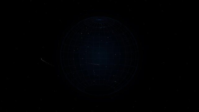 A dark digital animation features a rotating blue wireframe sphere with subtle glowing light points against a starry space background.