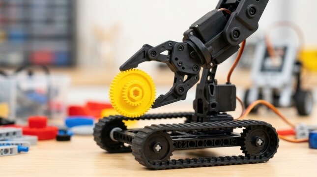 Miniature articulated robotic gripper holding a yellow planetary gear above a modular nylon track chassis for STEM mechatronics education.