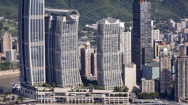 Chongqing cyberpunk city skyline with river