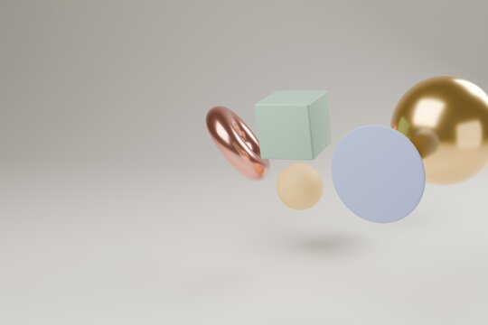 Floating pastel abstract 3d geometric shapes with copy space