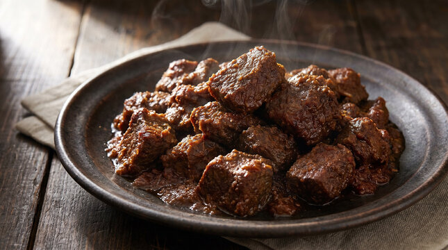 Steaming hot beef stew chunks on a rustic plate - delicious homemade meal