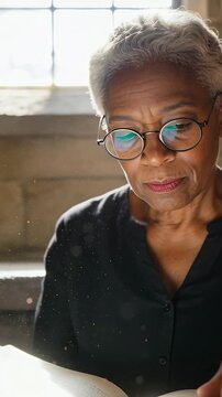 Vertical video: Senior woman in black top glasses reading book turning pages at window seat dust