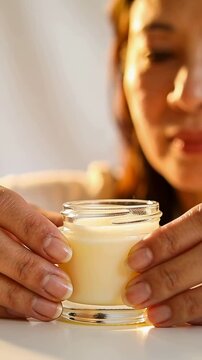 Vertical video: Leaning woman in pale top placing glass jar on white table at home, checking cream