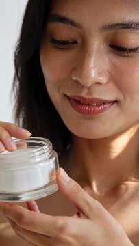 Vertical video: Holding jar, woman lifting lid and rotating glass jar at home, testing, strapless