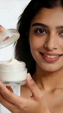 Vertical video: Lifting clear lid, model holding glass jar and showing cream in white top in studio