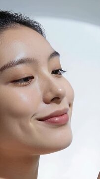 Vertical video: Responding to camera cue, model holding jar near jaw in studio, promoting skincare