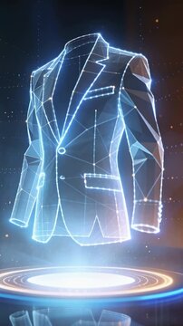 Vertical video: Pulsing podium beaming hologram blazer rotating for demo, wireframe sparks drifting