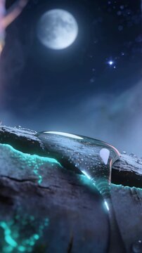 Vertical video: Bulging sap droplet stretching down in bark fissure as teal seam pulsing