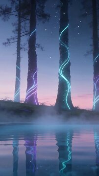 Vertical video: Pulsing trees wrapped in cyan-purple spirals as dusk falls on shore, mist and spark