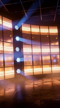 Vertical video: Lighting cue moving LED wall and hex rigs on stage, pulsing beams, making fog glow