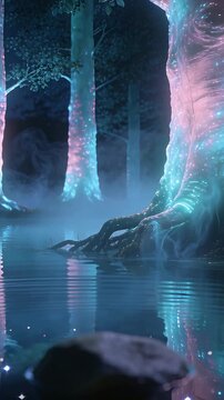 Vertical video: Glowing trunk pulsing cyan at mist pond, rippling from rock adding glow, copy space