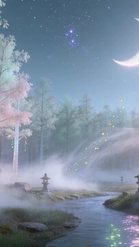 Vertical video: Starting near water, green motes rising, arching at moonlit stream, stone lanterns
