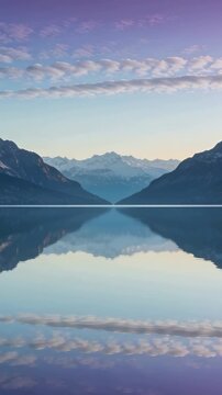 Vertical video: Rippling lake forming small center ripple in alpine valley, mirroring purple clouds
