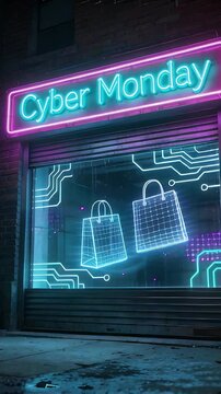 Vertical video: Glowing shop on timer, raising shutter and pulsing Cyber Monday sign at night