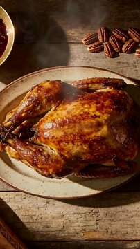 Vertical video: Billowing oven steam, roast turkey sitting on wood table with red sauce and pecans