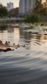 Vertical video: Sending stem ripple, brown oak leaf drifting at pond with ripples, twig, copy space