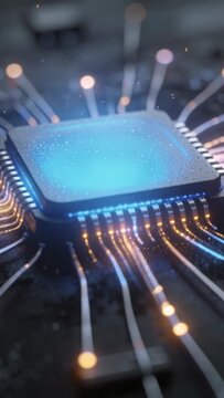 Vertical video: Powering chip sending pulsing blue glow along gold traces on PCB, showing data flow
