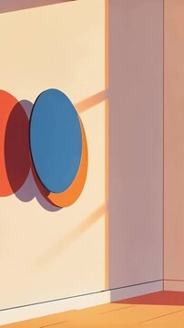 Vertical video: Sunlight moving 3 discs rotating and sliding, forming shadows on wall, copy space
