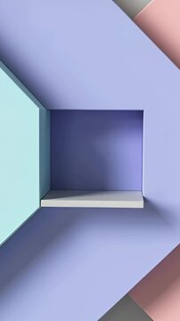 Vertical video: Moving light casting shadows across centered niche with shelf on set, mint panel
