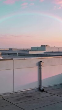 Vertical video: Shifting camera filming parapet wall with vent pipe on flat roof revealing rainbow