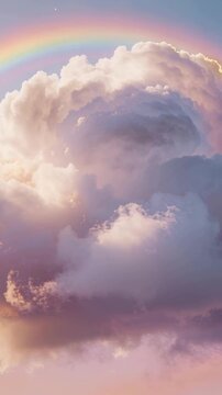 Vertical video: Expanding cloud glowing from low sun in pastel sky, with rainbow and sparkles