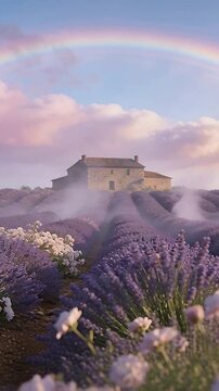Vertical video: Zooming camera showing lavender to stone farmhouse, mist and rainbow to show blooms