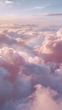 Vertical video: Starting gliding camera revealing pastel clouds above horizon, with double rainbow