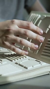 Vertical video: Lifting panel hands flipping aligning at table assembling beige panels