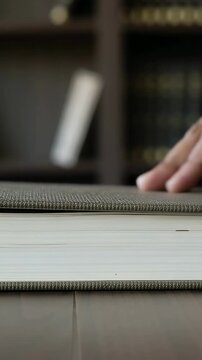Vertical video: Approaching foreedge, right hand smoothing hardcover book on wood table