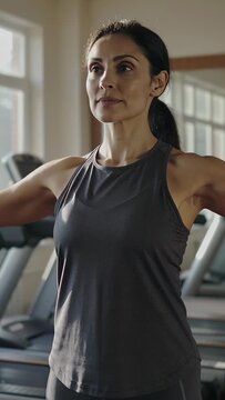Vertical video: Starting warm-up, woman in dark tank sweeping arms to sides at gym, checking mirror