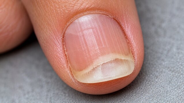an adult fingernail showing mild distal onycholysis, with a clearly visible whitish area where the nail plate has separated from the underlying nail bed near the free edge