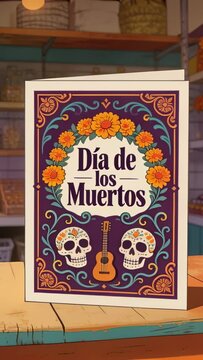 Vertical video: Panning camera showing Dia de los Muertos card in shop revealing candles and skulls