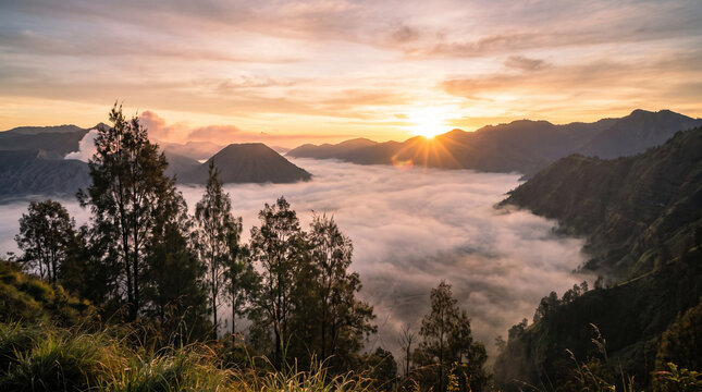Breathtaking Sunrise Over Volcanic Mountains And Sea Of Clouds In Java Indonesia