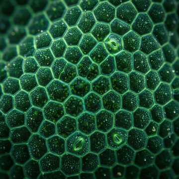 Microscopic green plant leaf cells with stomata showing hexagonal