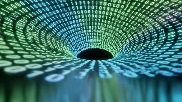 Abstract green and blue binary code vortex in digital space