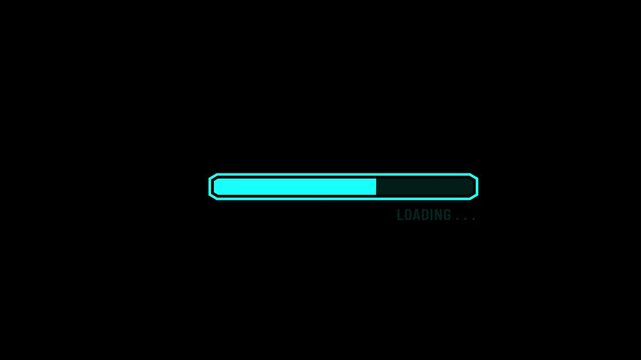 Neon loading bar animation with a glowing progress indicator and digital loading text on a black background, ideal for sci-fi HUD interfaces, gaming screens, and technology motion.