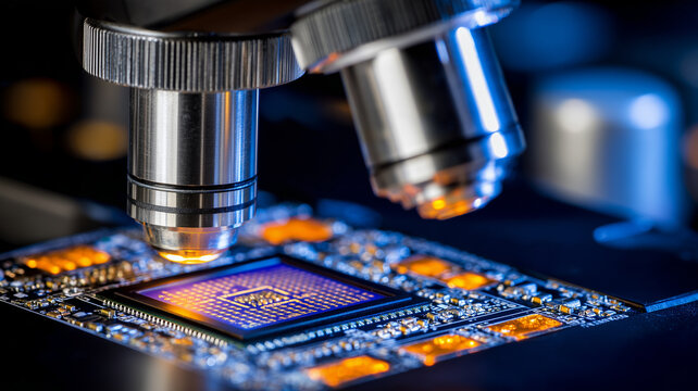 Microscope objectives examining a microchip on a circuit board represent semiconductor research and precision electronics inspection.