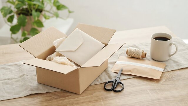 Cardboard shipping box with envelope and twine on wooden table for e-commerce delivery and parcel packaging
