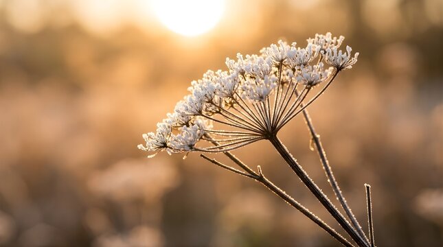 Beautiful frozen wildflower covered in white rime frost during a golden sunrise in the winter morning, close up of cow parsley plant with ice crystals and warm bokeh background sunlight.
