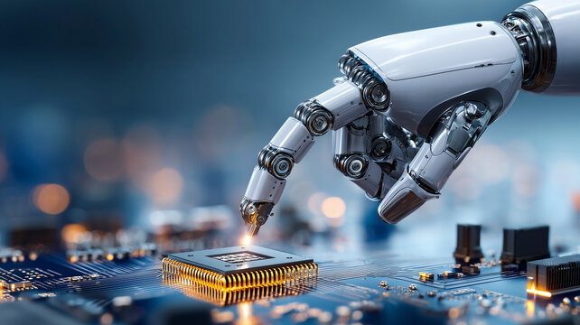 A robotic hand touching a microchip on a circuit board illustrates artificial intelligence and precision automation in semiconductor technology